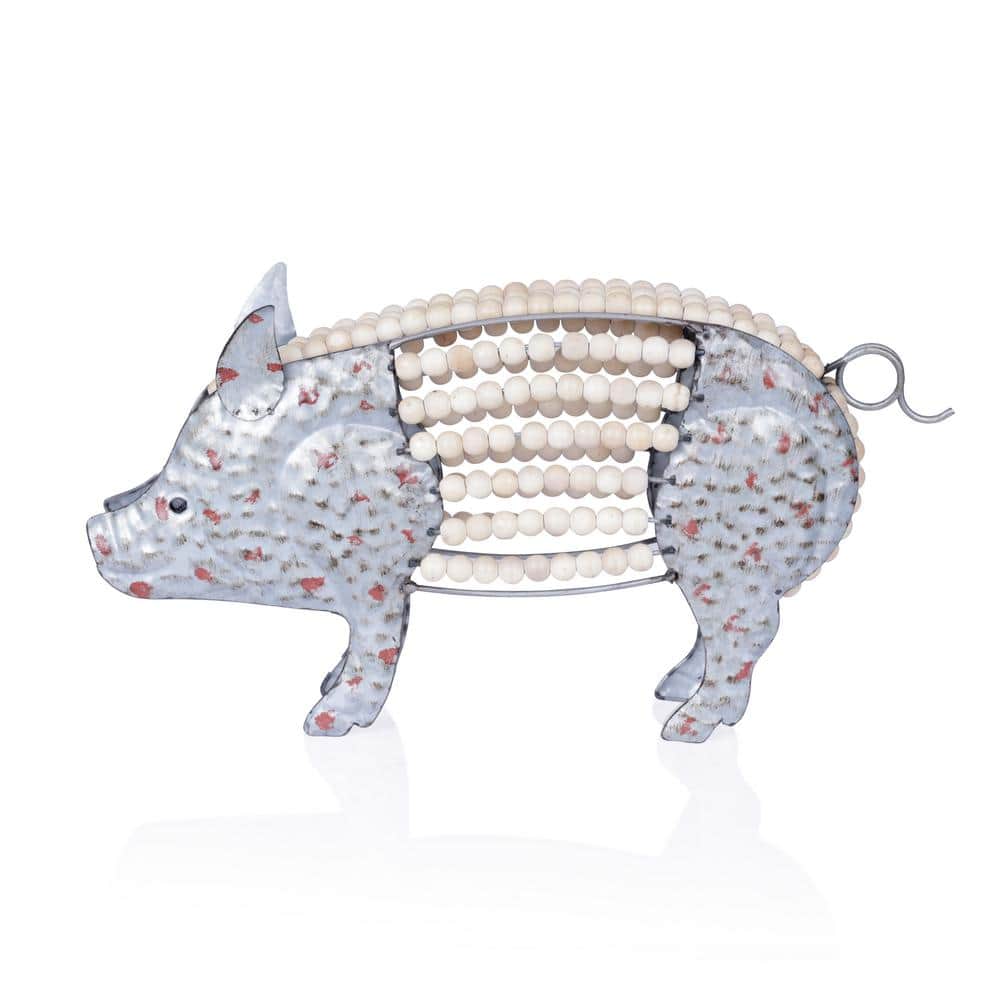 Metal Pig with Hollow Head and Wooden Beaded Body Decor