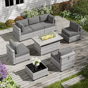 8-Piece Wicker Patio Outdoor Lounge Chairs Sectional Conversation Set with 5 in.  Seat Cushion and Fire Pit Table Grey