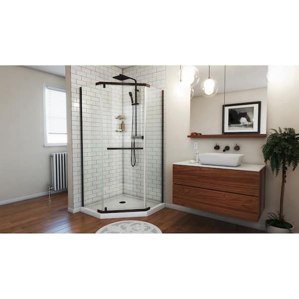 Prism 36.12 in. W x 72 in. H Neo Angle Pivot Semi Frameless Corner Shower Enclosure in Bronze with Clear Glass