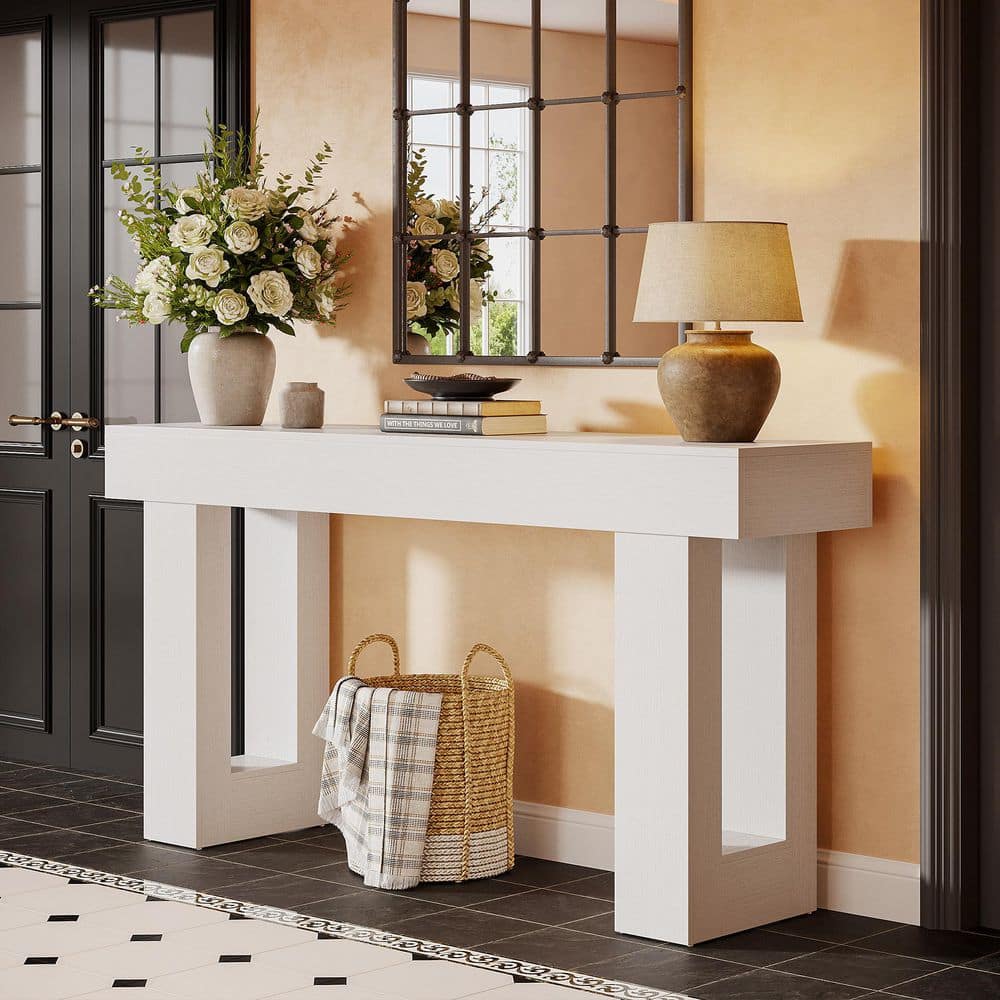 Turrella Rustic Charm 63in. White Wood Grain Rectangle MDF Console Table with Open-frame