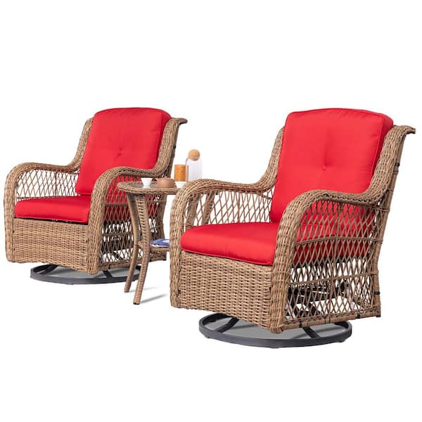 Zeus & Ruta 3-Piece Wicker Outdoor Patio Conversation Seating Set with Red Cushions and Coffee Table for Patio, Garden, Backyard