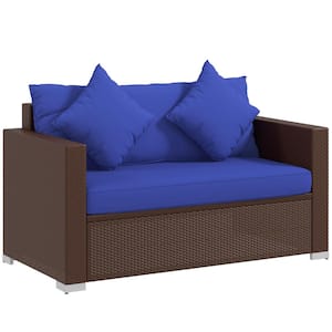 Brown Wicker Outdoor Couch Dark Blue Cushions