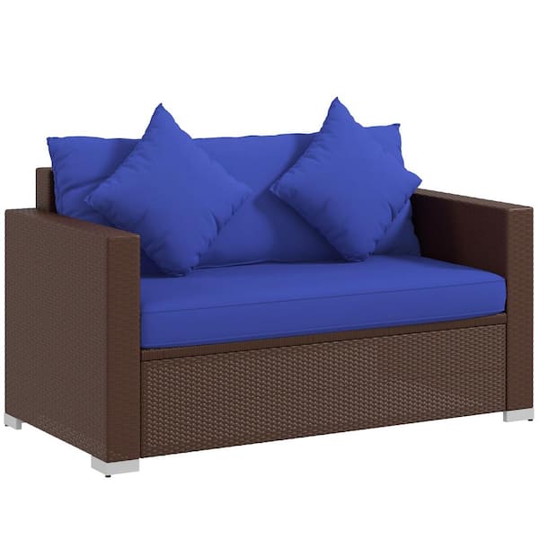 Outsunny Brown Wicker Outdoor Couch Dark Blue Cushions