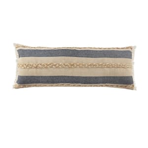 Atlantis Coastal Tan / Blue 14 in. x 36 in. Lumbar Striped Jute Braided Fringe Indoor Throw Pillow