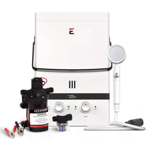 Eccotemp Luxe 1.85 GPM Outdoor Portable Gas Tankless Water Heater with EccoFlo Diaphragm 12-Volt Pump and Strainer