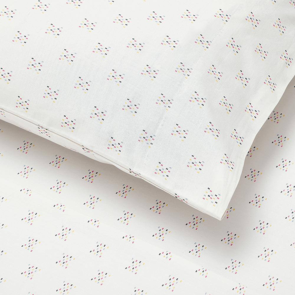 Cream Cotton Percale Twin Sheet Set with Geometric Print
