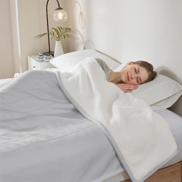 Fleece to Sherpa Light Grey Fleece Twin Electric Blanket