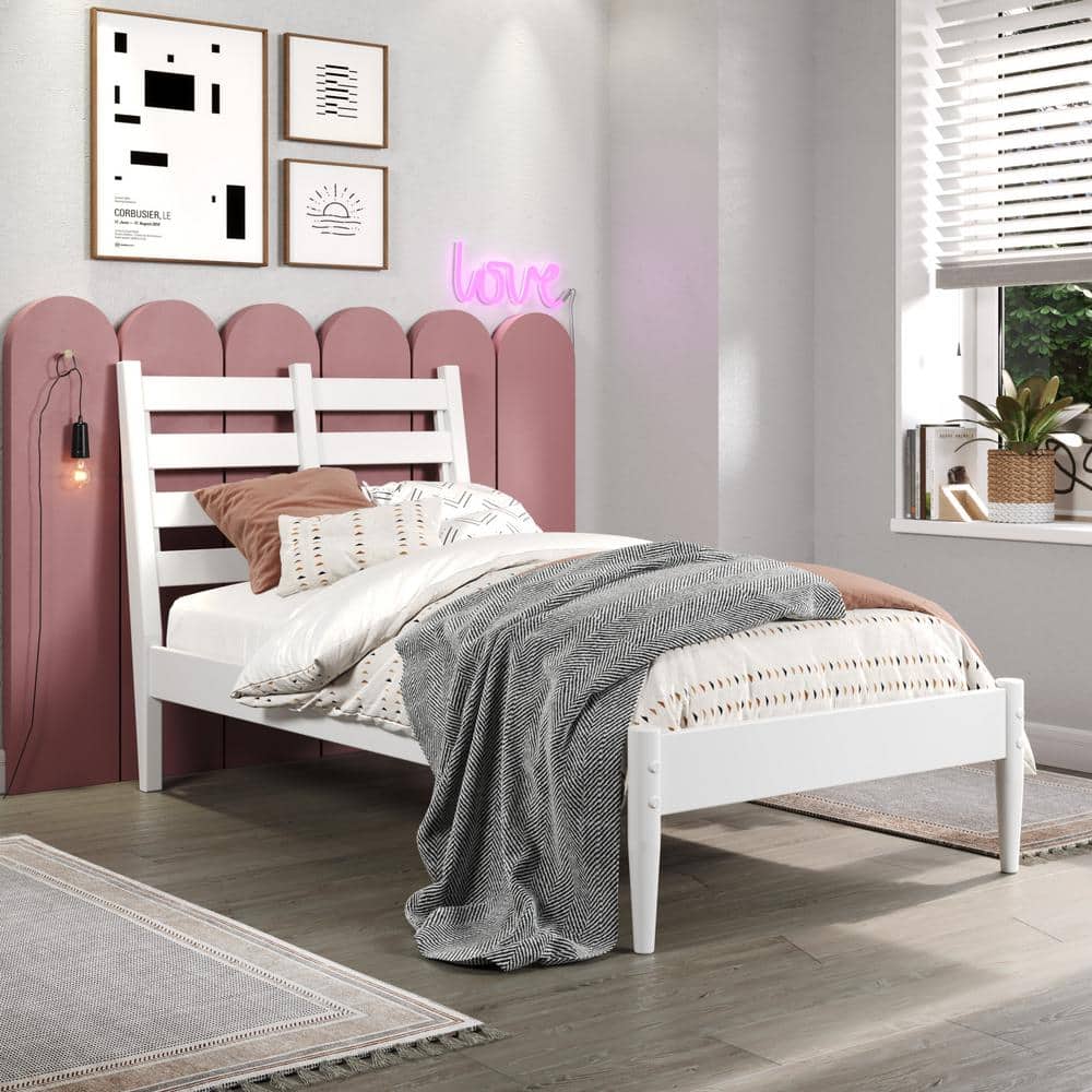 White Pine Wood Twin Bed Frame with Slatted Headboard