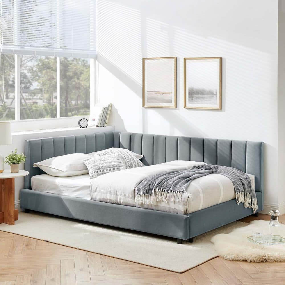 Gray Full Size Upholstered Corner Daybed Modern Velvet Sofa Bed Frame with 