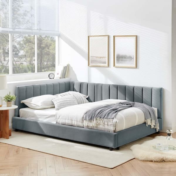 Unbranded Gray Full Size Upholstered Corner Daybed Modern Velvet Sofa Bed Frame with Backrest for Bedroom, Living Room