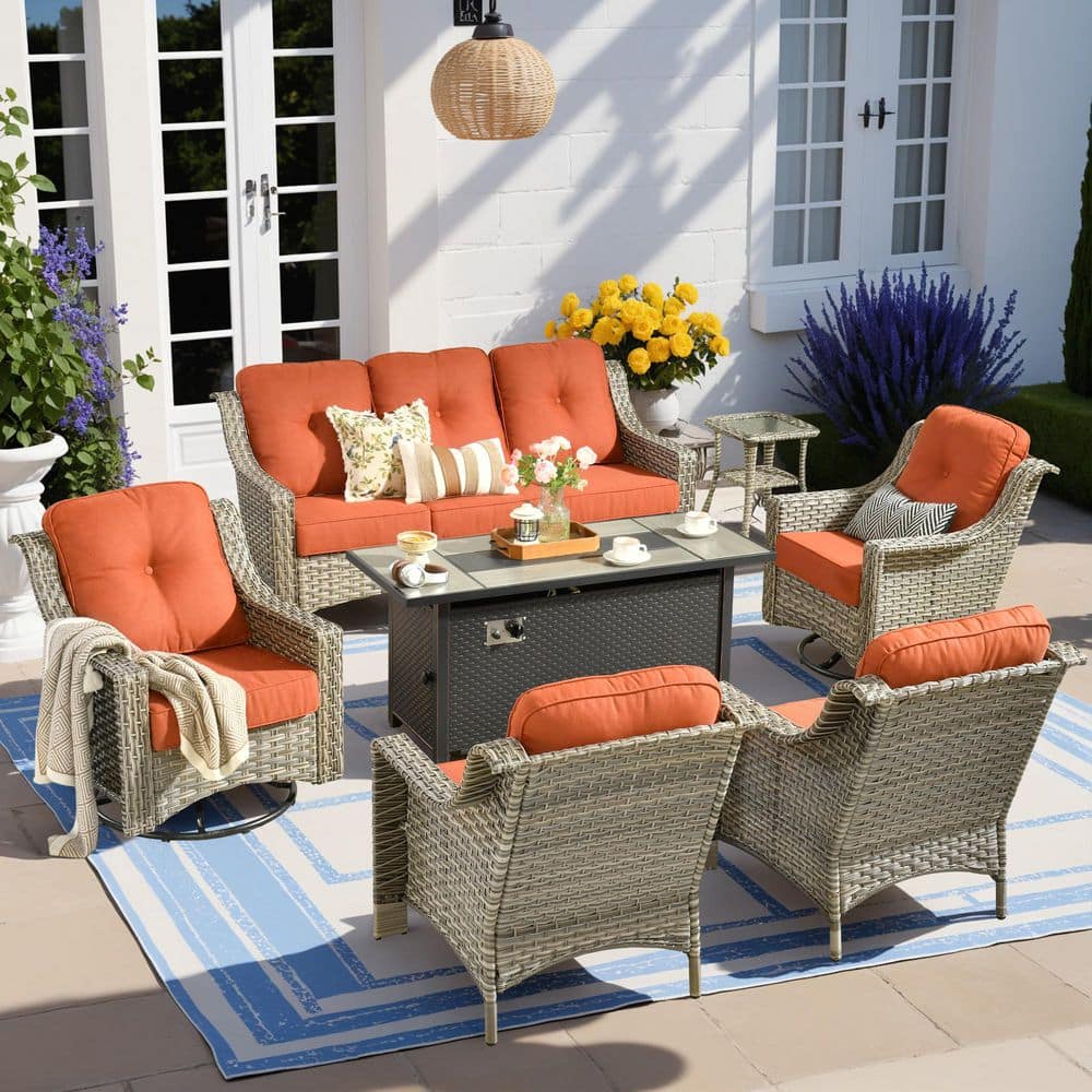 Cherry 7-Piece Wicker Outdoor Fire Pit Furniture Patio Conversation Sofa Set with Swivel Chairs and Red Cushions price history on PriceWatchPro