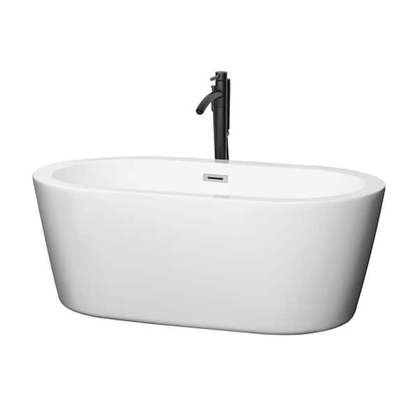 Wyndham Collection Mermaid 59.75 in. Acrylic Flatbottom Bathtub in White with Polished Chrome Trim and Matte Black Faucet