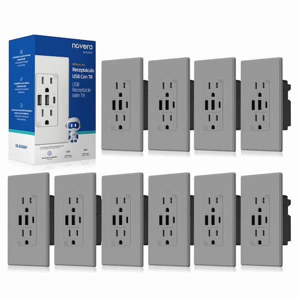 30W 6.0 Amp 3-Port USB Wall Outlet 15A Duplex Receptacle with Dual USB Ports w/ Srewless Wall Plate, Matte Grey 10-Piece