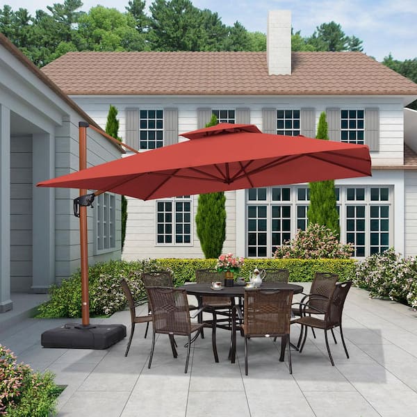 PURPLE LEAF 11 ft. Square High-Quality Wood Pattern Aluminum Cantilever Polyester Patio Umbrella with Base, Brick Red
