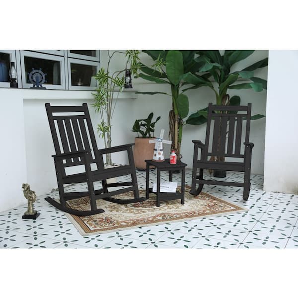 Tenleaf All Weather 3-Piece Dark Gray with Wood-Texture HDPE Outdoor Bistro Rocking Chair Set with Side Table