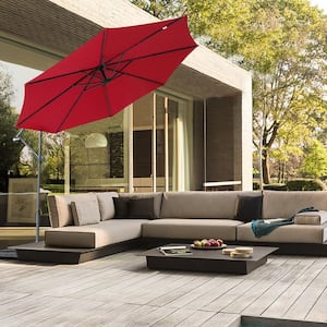 9 ft. Iron Offset Cantilever Tilt Hanging Patio Umbrella in Wine Red