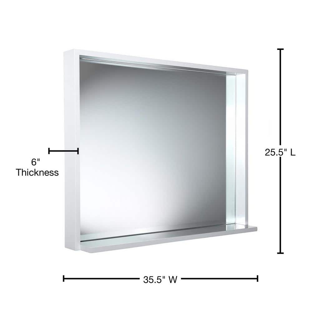 Sleek White Wood Rectangular Bathroom Vanity Mirror with Shelf