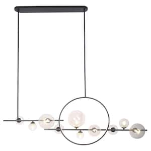 56.33 in. Black 10-Light Sputnik Island Linear Pendant Light with Globe Glass Shades