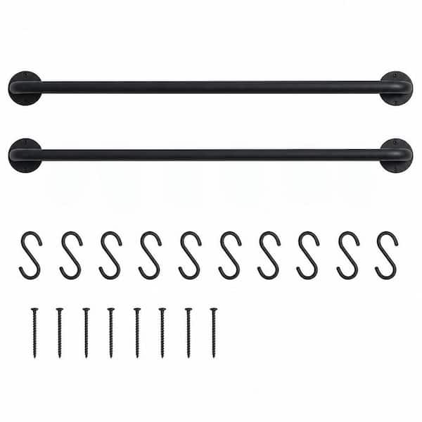 2-Pack 16.5 in. Black Hanging Pot Rack Rail with 10 S Hooks, Wall Mounted Pan Pot Hanger