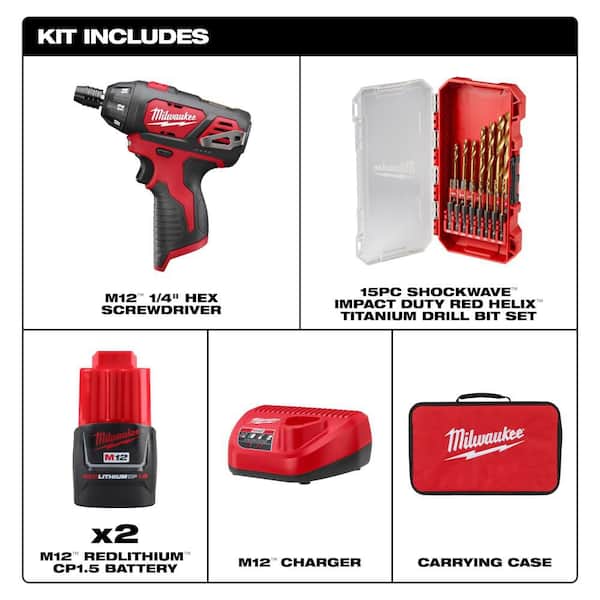 M12 12V 1/4 in. Hex Screwdriver Kit w/ (2) 1. 5Ah Batteries, Charger, Bag with 15-Pc Titanium Bit Set