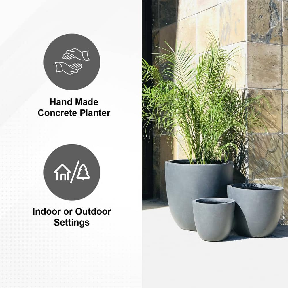 Modern Charcoal Concrete Round Planters, Set of 3