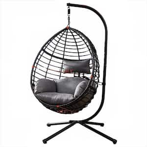 Black Modern Metal Patio Swing Egg Chair With Stand and Gray Cushion