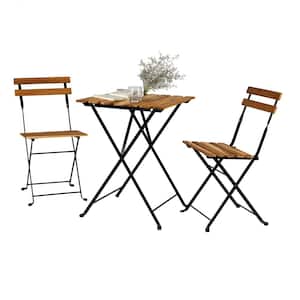 3-Piece Solid Wood Teak Bistro Set Folding Outdoor Dining Set with Navy Blue Cushions