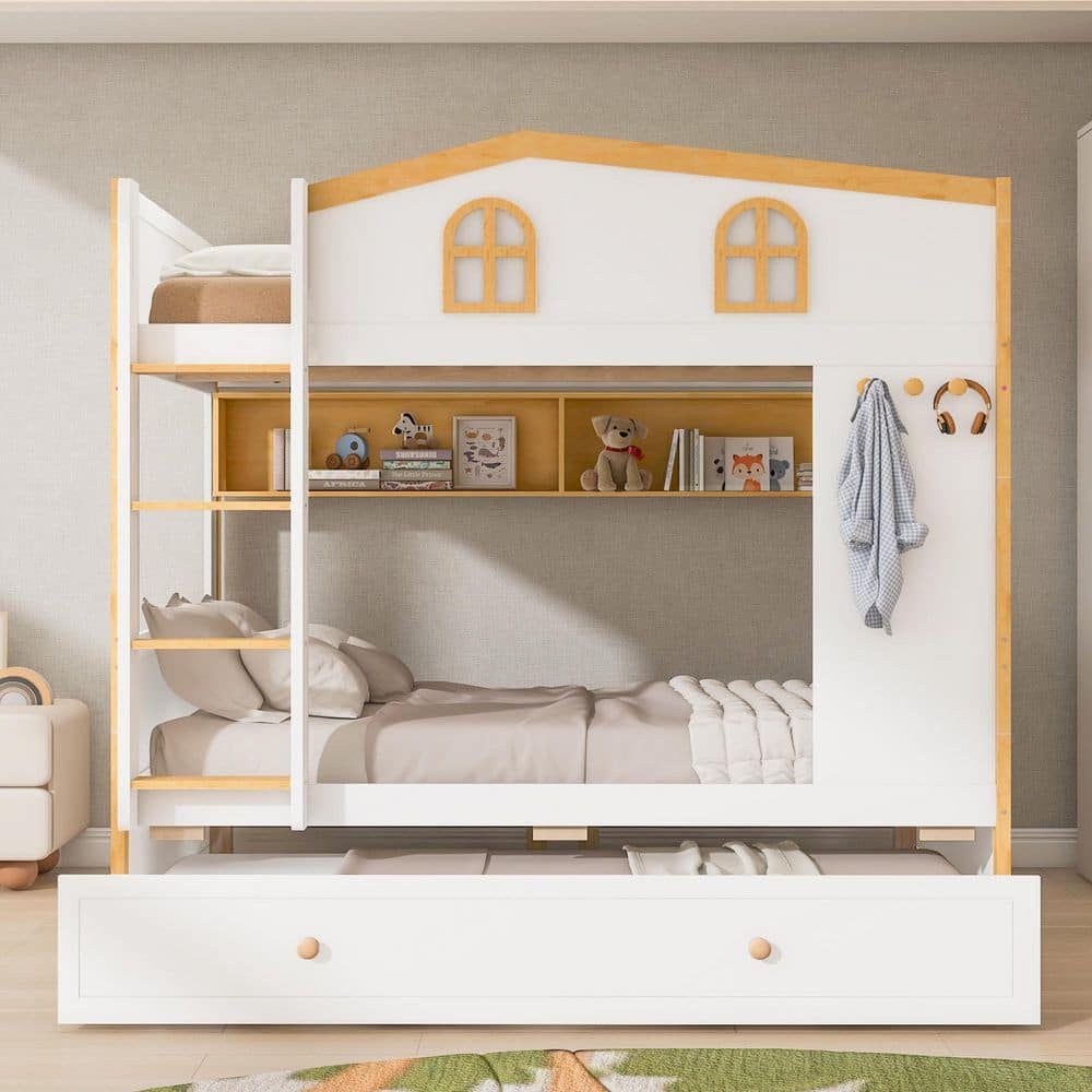 White/Natural-Trundle Solid Wood Full over Full Bunk Bed with House-shaped Guardrails and Storage Shelves and Trundle price history on PriceWatchPro