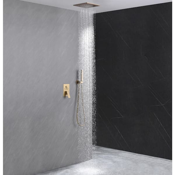 Vanfoxle Luxury Single Handle 5-Spray Shower Faucet 1.8 GPM 16 in. Square Ceiling Mounted with Pressure Balance in. Brushed Gold