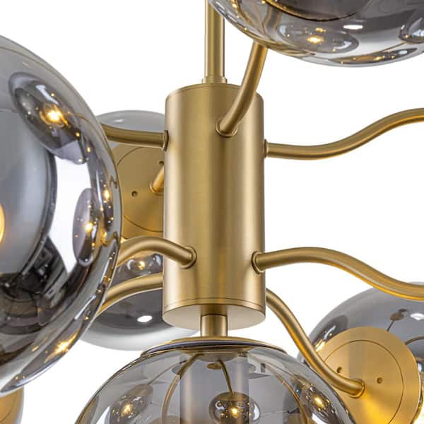 HUOKU Carla 9-Light 27.6 in.W Brushed Brass Smoked Glass Globe