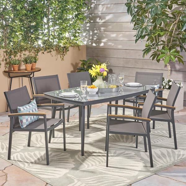 Noble House Liverpool Gray 7-Piece Aluminum Outdoor Dining Set with Glass Table Top