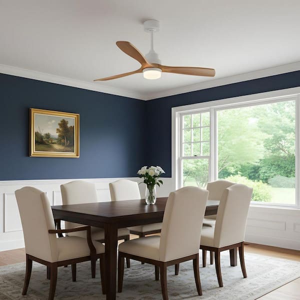 52 in. LED Indoor Modern Style Downrod White Oak Ceiling Fan with Light Kit, Downrod, Solid Wood Fan Blade