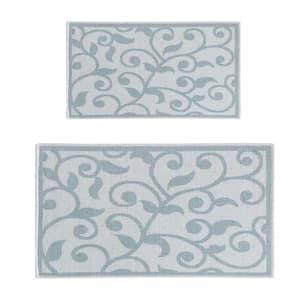 Floral Gray/Teal 44 in. x 24 in. and 31.5 in. x 20 in. Washable, Thin, Multipurpose Kitchen Rug Mat (Set of 2)