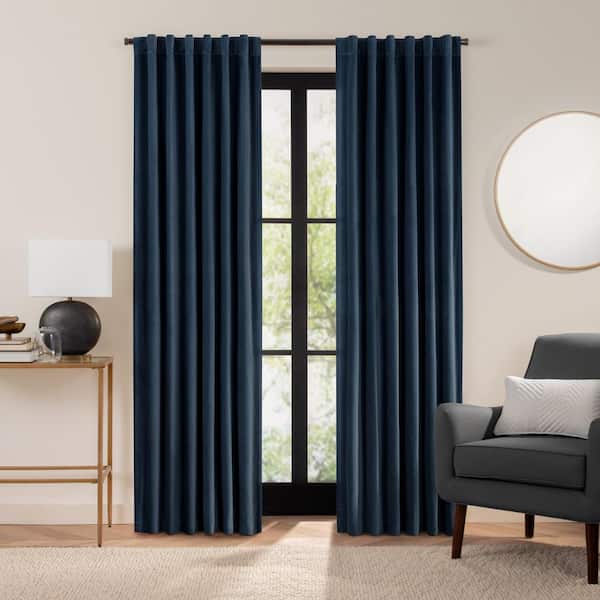 Eclipse Luxury Cotton Velvet Navy Solid Cotton 108 in. L x 50 in. W 100% Blackout Single Panel Rod Pocket Back Tab Curtain