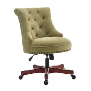 35 in. H Olive Green and Brown Wooden Office Chair with Button Tufted Backrest