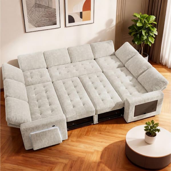 79" L-Shaped Sectional Sleeper Sofa Bed,7 Seat Beige Chenille Pull Out Couch Bed Tool-Free Assembly