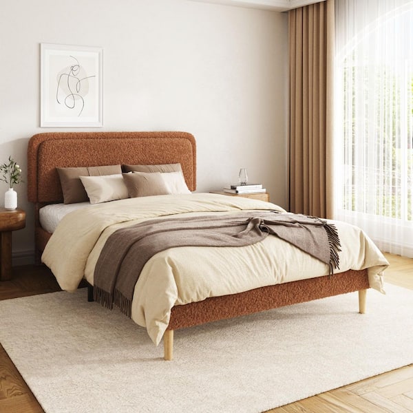 Brown Wood and Metal Frame Full Size Upholstered Platform Bed with Height Adjustable Headboard