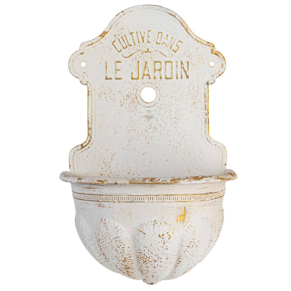 Distressed White Metal Wall-Mounted Planter with Gold Accents