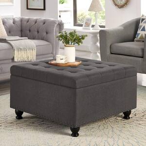 Horizon Dark Gray Linen Upholstered Modern Square Storage Ottoman with Button Tufting, Nailhead Trim, Rubberwood