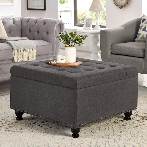 Noble House Horizon Dark Gray Linen Upholstered Modern Square Storage Ottoman with Button Tufting, Nailhead Trim, Rubberwood