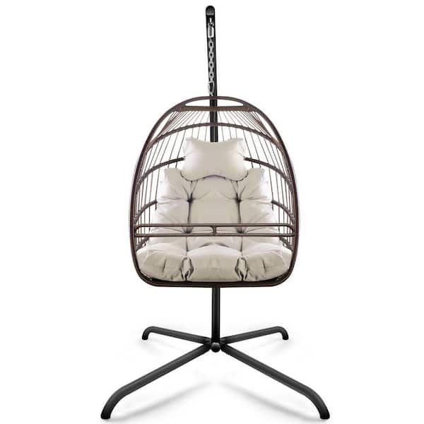 Brown Wicker Metal Outdoor Swing Egg Chair with Beige Cushion and Pillow, C Type bracket