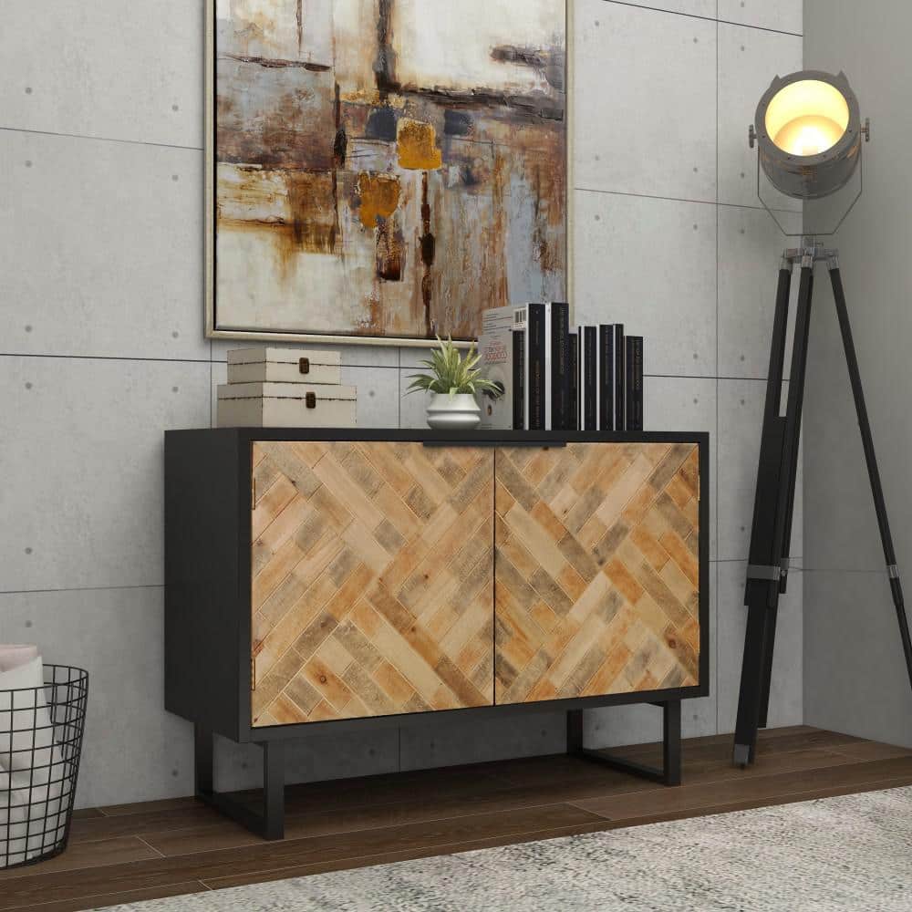 Black and Brown Geometric Wood Inlay Cabinet with Shelf
