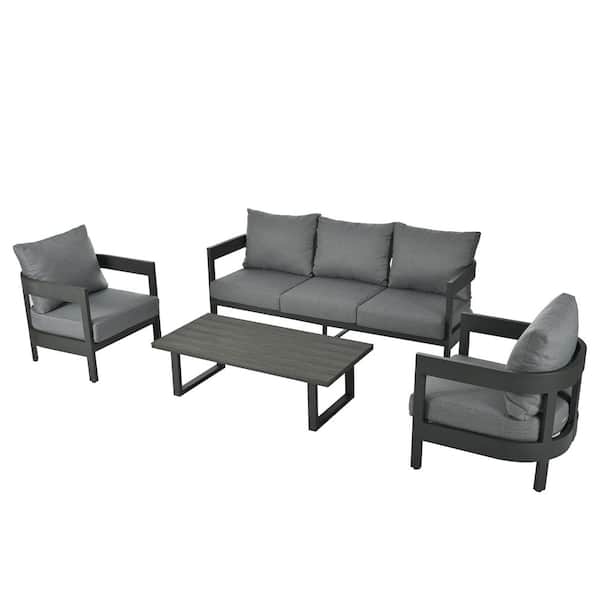 Sudzendf 4-Piece Metal Outdoor Conversation Patio Furniture Set with Gray Cushions