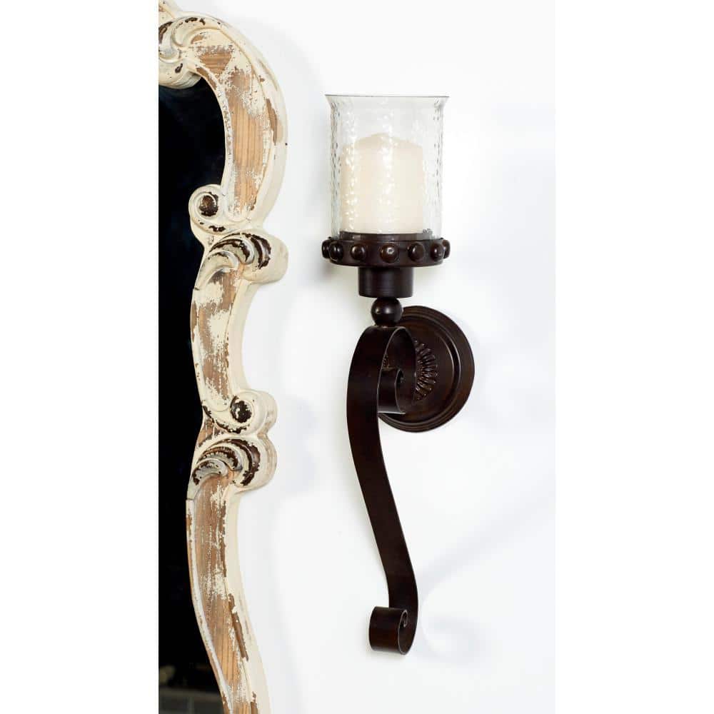 Brown Metal Scroll Wall Sconce with Glass Hurricane