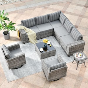 Crater Grey 9-Piece Wicker Wide-Plus Arm Patio Conversation Sofa Set with Swivel Rocking Chairs and Stripe Grey Cushions