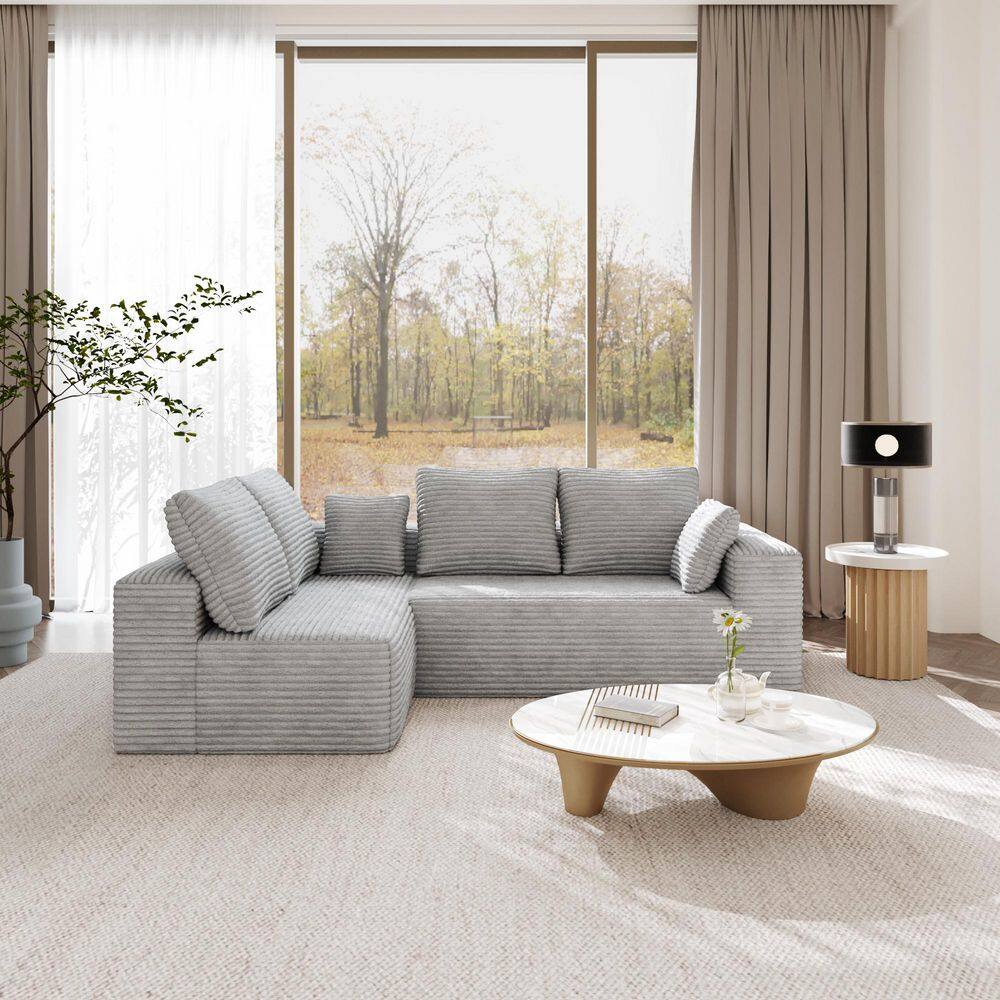 134 in. 2-Piece Gray Corduroy Fabric L-Shaped Modular Boneless Sectional Sofa with Chaise Longue, Pillows