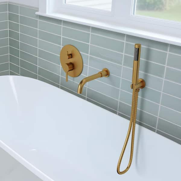 2-Spray Wall Mounted Tub and Shower Faucet Set 2.5 GPM with Handheld Sprayer in Brushed Gold (Valve Included)