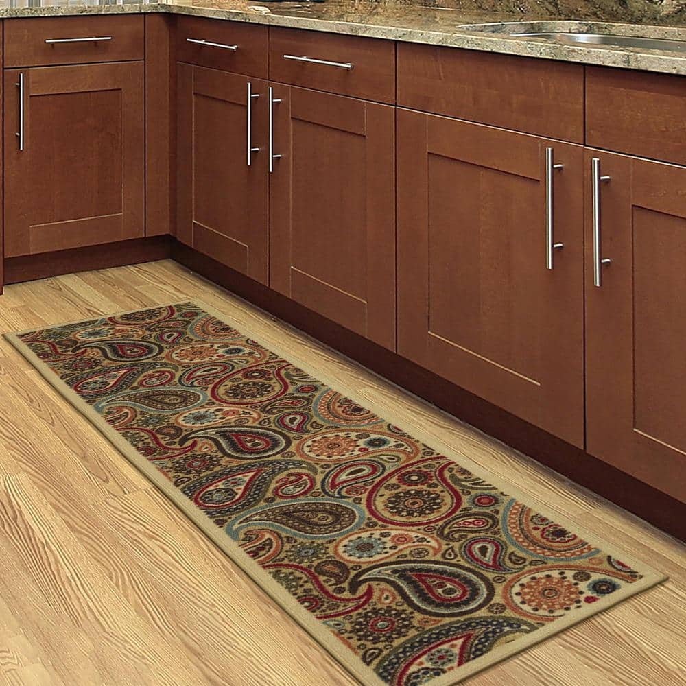 Beige and Red Synthetic Paisley Non-Slip Runner Rug