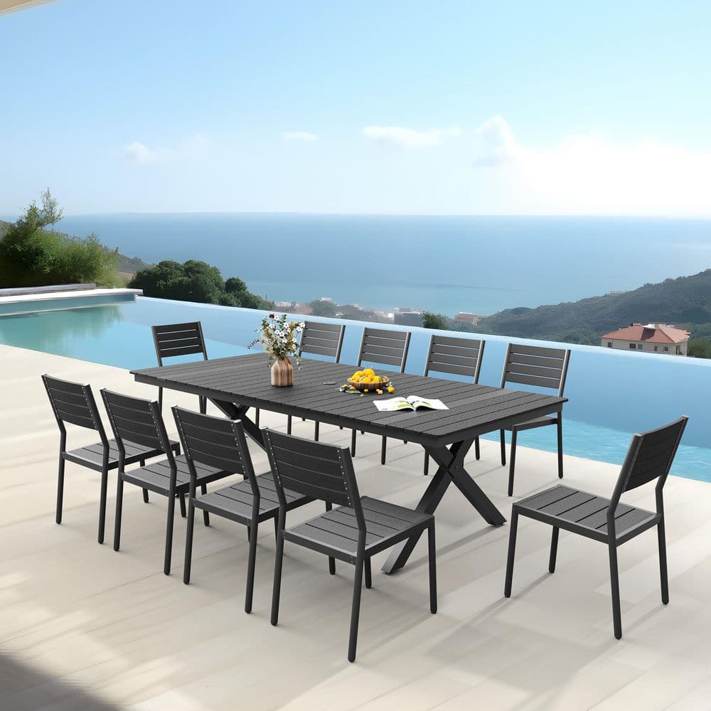 11-Piece Black Aluminum Outdoor Dining Set X-Trestle Patio Table with 1. 6 in. Umbrella Hole and 10 Stackable Chairs price history on PriceWatchPro