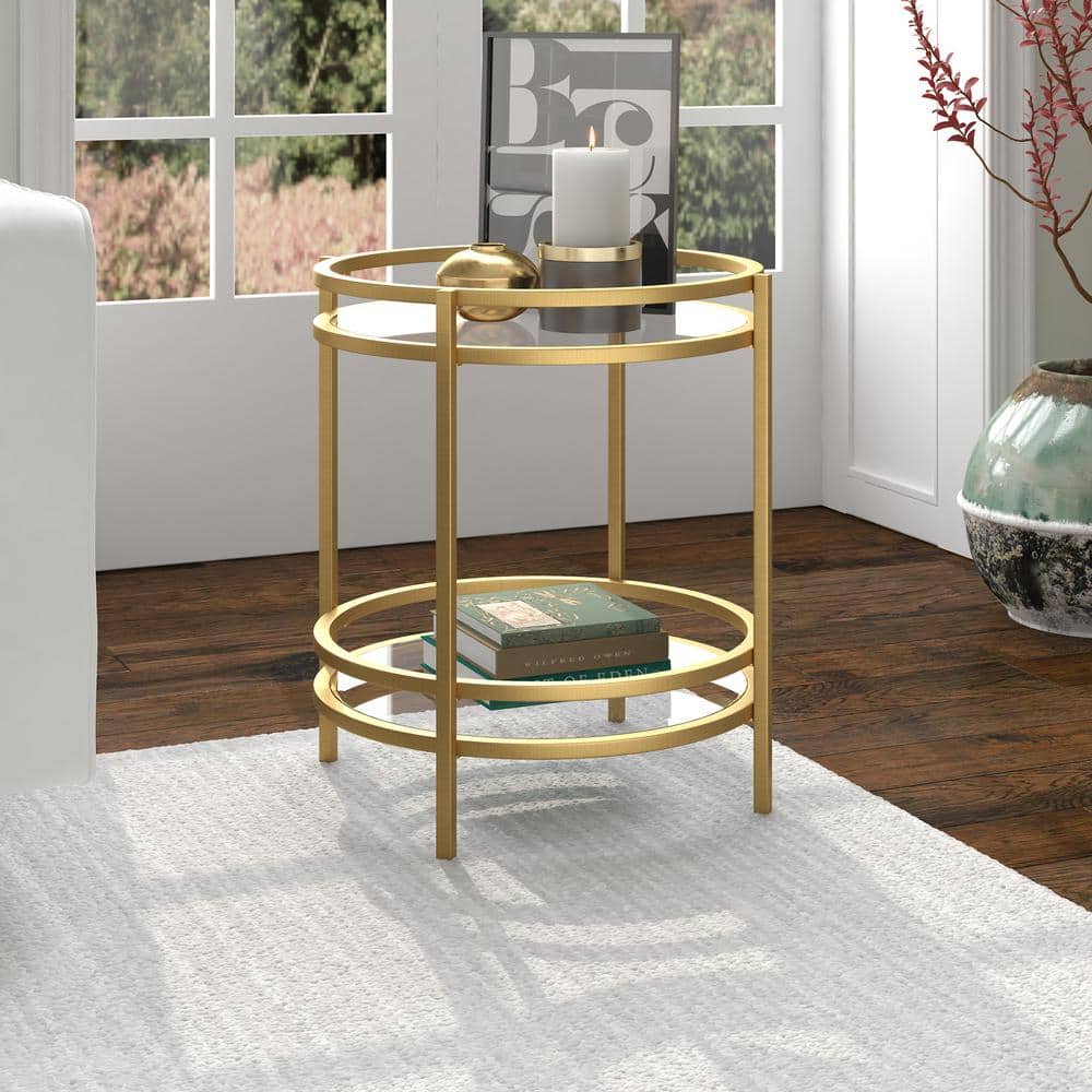Modern Brass 20" Round Metal & Glass Side Table